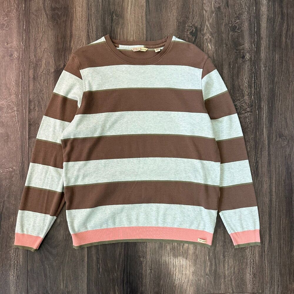 Ted Baker Crewneck Sweater Striped Blue Brown 100% Cotton Long Sleeve Size 6/XL